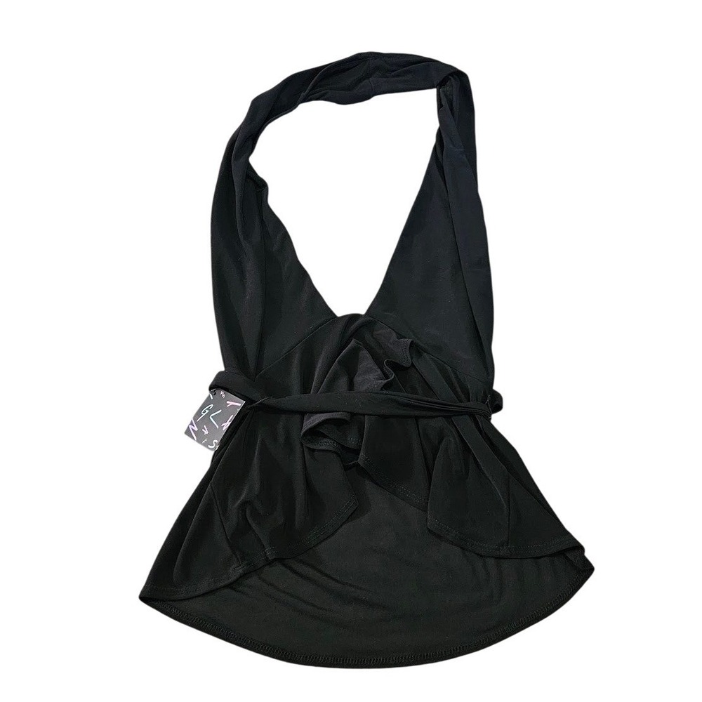 Nasty Gal Black Halter Top Deep V-Neck Wrap Tie Open Back Peplum Small NWT USA